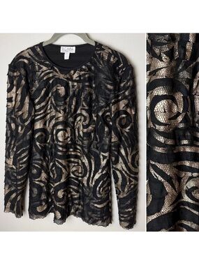 SCAPA Lauren Perre Top Size Medium Black Gold Tiered Ruffle Long Sleeves Stretch